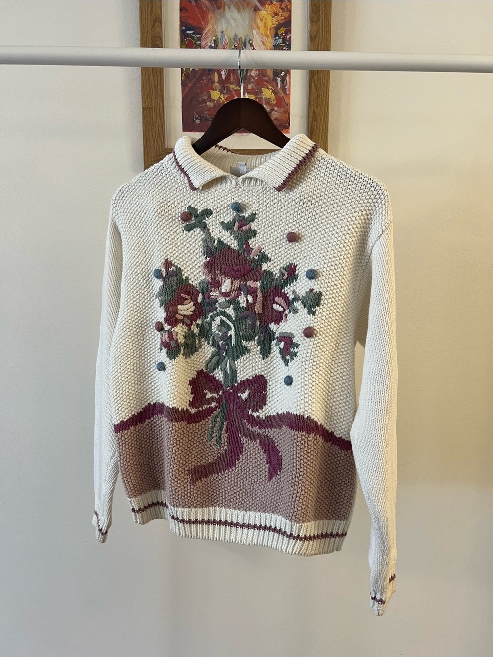 Russ Cream Knit Sweater with Rose Bouquet and Mauve Bow